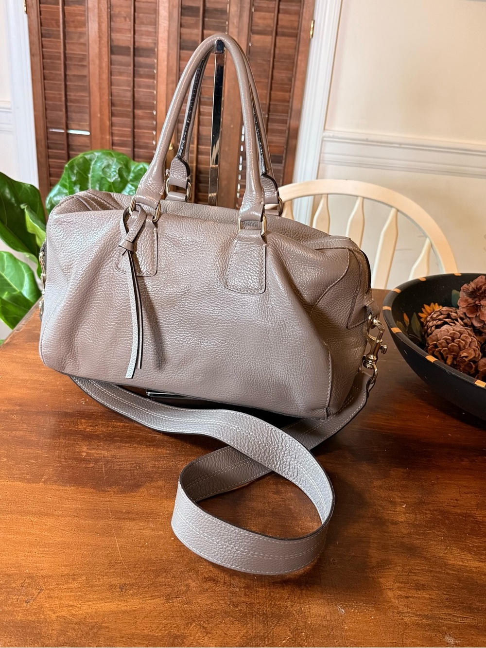 Johnny Was Made in Italy Taupe Pebbled Leather Satchel Crossbody Shoulder Bag